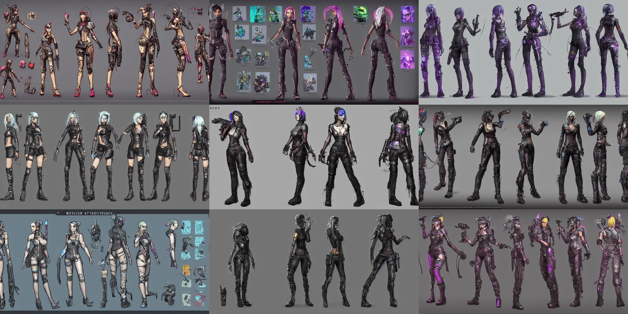 Prompt: character sheet of badass cyberpunk girl, riot games, by hieronymus bosch