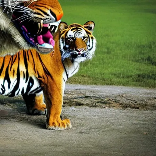 Prompt: A tiger fighting with a lion