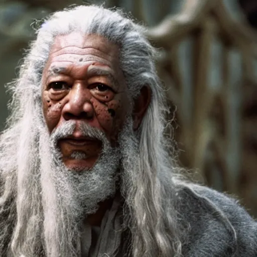 Prompt: Morgan Freeman as Gandalf the Grey, still from Lord of the Rings movie, detailed, 4k