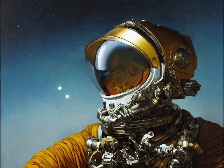 Image similar to a detailed profile oil painting of pilot in a spacesuit with reflective visor, flight suit, portrait symmetrical and science fiction theme with aurora lighting by beksinski carl spitzweg and tuomas korpi. baroque elements, full-length view. baroque element. intricate artwork by caravaggio. Trending on artstation. 8k