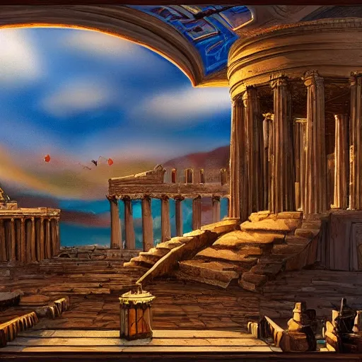 Image similar to Cinematic view approaching a detailed fantasy city with greek restored architecture from a searing desert; fantasy art