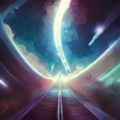 Image similar to train to heaven, digital art, galaxies, artstation, high quality