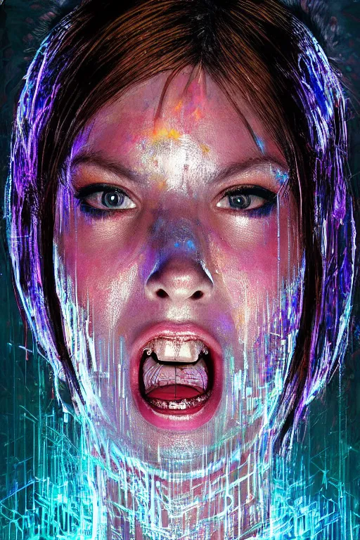 Image similar to portrait, headshot, digital painting, an beautiful techno - shaman lady in circuit electronic mask, screaming, translucent, shiny, pearlescent, synthwave, glitch, fracture,, realistic, hyperdetailed, chiaroscuro, concept art, art by john berkey