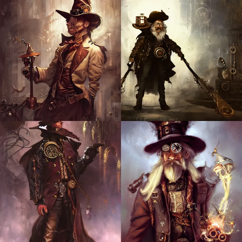 Prompt: steampunk wizard, by Raymond Swanland