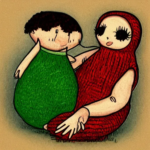 Prompt: a worm and a doll hugging each other, cartoon