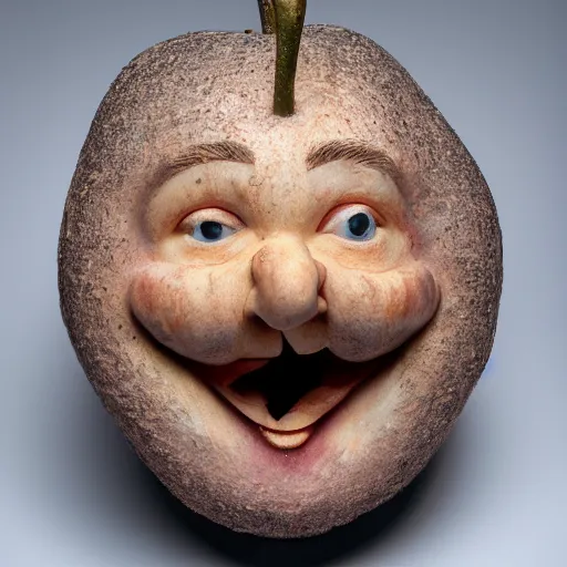 Prompt: a taxidermized apple with a human face, in a museum, 8 5 mm lens, 7 0 mm entrance pupil diameter