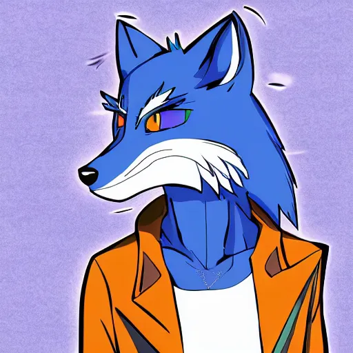 Image similar to anime style colored pencil sketch of an anthropomorphic blue fox fursona furry male character wearing a stylish all over print hoodie, notebook drawing, realisitc photo