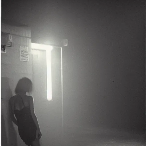 Prompt: foggy neon night, long legged sayaka isoyama leaning back against a wall in a black minidress smoking a cigarette outside a neon lit entrance, 1 9 7 0 s, intricate, moody, tasteful, intimate, highly detailed, short focus depth, artgerm, daido moriyama