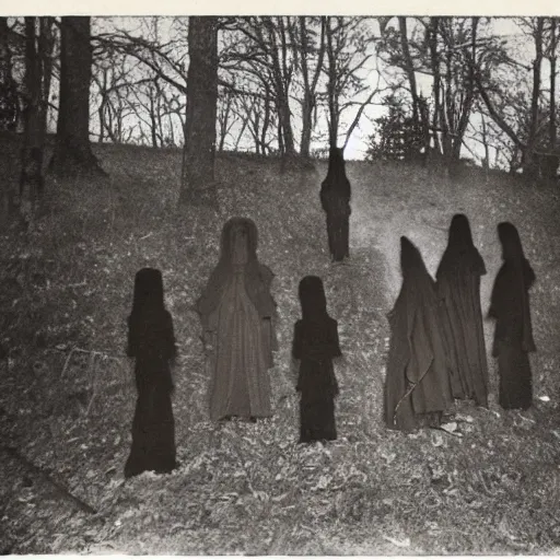 Prompt: shadow people at an occult alter in the woods vintage photo