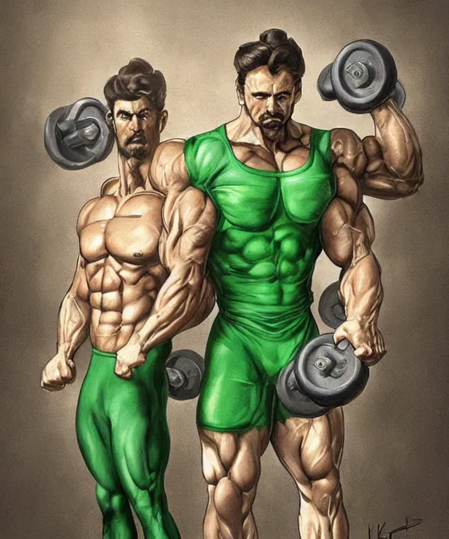 Image similar to muscular luigi wearing a green jumpsuit pumping iron in a dingy gym by ilya kuvshinov, bodybuilder ernest khalimov, super mario bros symmetrical face concept art, hyper realistic, intricate, elegent, highly detailed, digital painting, concept art, smooth, sharp, focus, illustration, art by artgerm and greg rutkowski and alphonse mucha, artstation