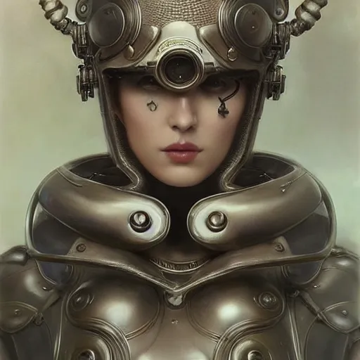 Image similar to tom bagshaw, curiosities carnival, photorealistic medium shot soft paint of a single beautiful cosplay full long futuristic metallic armor very tight metal helmet ornate, face, gynoid cyborg wires tentacles body, accurate features, focus, very intricate ultrafine details, award winning masterpiece