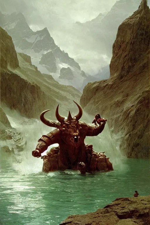 Image similar to martyn ford as huge horned armoured demon wearing cape and emerging from lake in canadian rockies, water splashing cascading, beautiful day, by albert bierstadt, ruan jia, lawrence alma tadema, zdzislaw beksinski, norman rockwell, jack kirby, tom lovell, greg staples