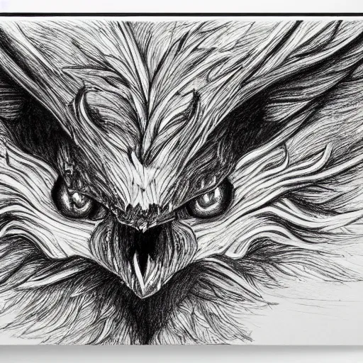 Image similar to A wide shot of griffin in the sky, colorful eyes, glowing eyes, fire, frost, angry, demonic, detailed pencil drawing, fine lines, rustic,