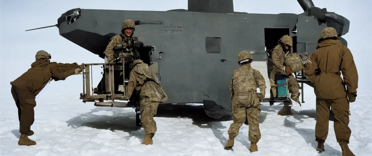 Image similar to establishing wide shot color movie like 3 5 mm photograph of a us soldier unloading metal crate from a black military 1 9 8 2 helicopter in antarctica