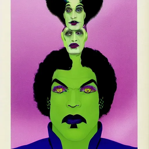 Image similar to a portrait of prince as two face. half his face is white with green hair. in the style of herbert bayer