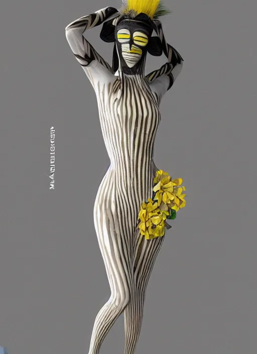 Prompt: an anthromorphic beautiful bee woman wearing striped couture made out of wax and paper and flower petals, at a fashion shoot, by issey miyake, trending on Art Station, 3D, octane render,