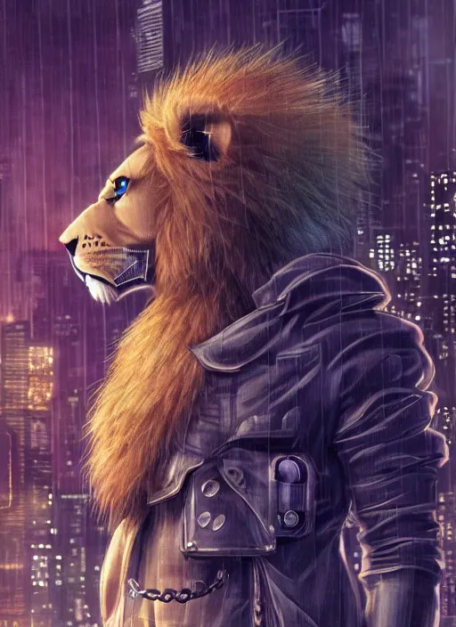 Image similar to character portrait of a male anthro lion fursona with a tail and a cute beautiful attractive detailed furry face wearing stylish cyberpunk clothes in a cyberpunk city at night while it rains. hidari, color page, tankoban, 4K, tone mapping, Akihiko Yoshida.
