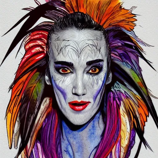 Prompt: detailed colorful watercolor of jennifer connelly as odile the black swan, disney villain, black feathers instead of hair, black feathers growing out of skin, shapeshifting, black feathers growing out of face, floating in zero gravity on spacecraft, science fiction, highly detailed, comic book cover, mike mignogna, david mack, trending on artstation