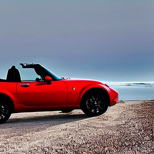 Prompt: a red Mazda MX-5 parked on a beach in the moonlight in the style of a 1980s poster