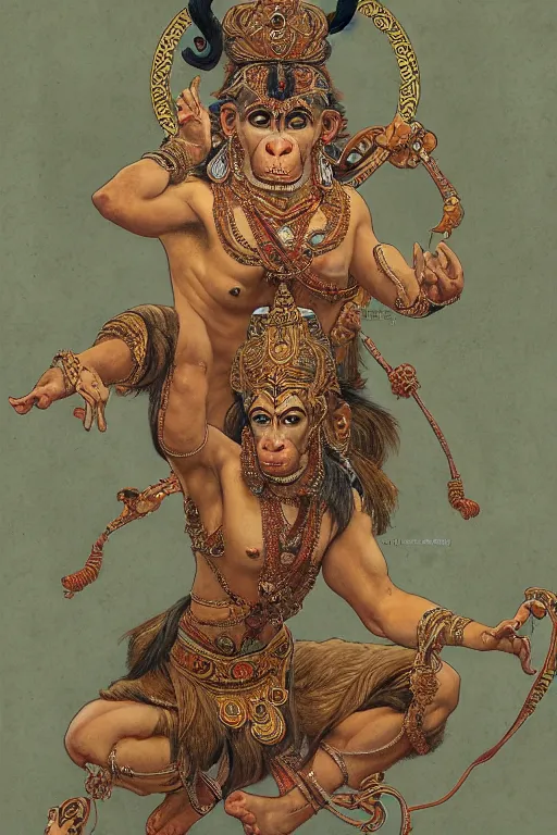 Image similar to a full body portrait of a beautiful ornated hanuman god, leaping pose, hindu stages of meditation, intricate, elegant, highly detailed, digital painting, artstation, concept art, smooth, sharp focus, line art illustration for tattoo, art by krenz cushart and artem demura and alphonse mucha