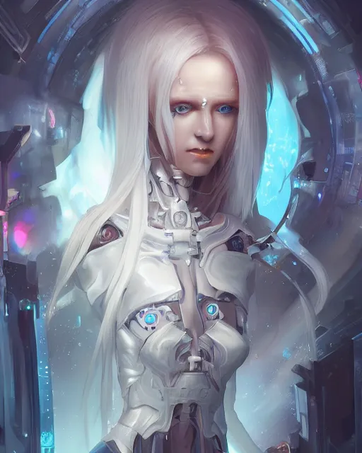 Image similar to holy cyborg necromancer girl, elegant, scifi, futuristic, utopia, garden, illustration, atmosphere, top lighting, blue eyes, white hair, focused, artstation, highly detailed, art by yuhong ding and chengwei pan and serafleur and ina wong