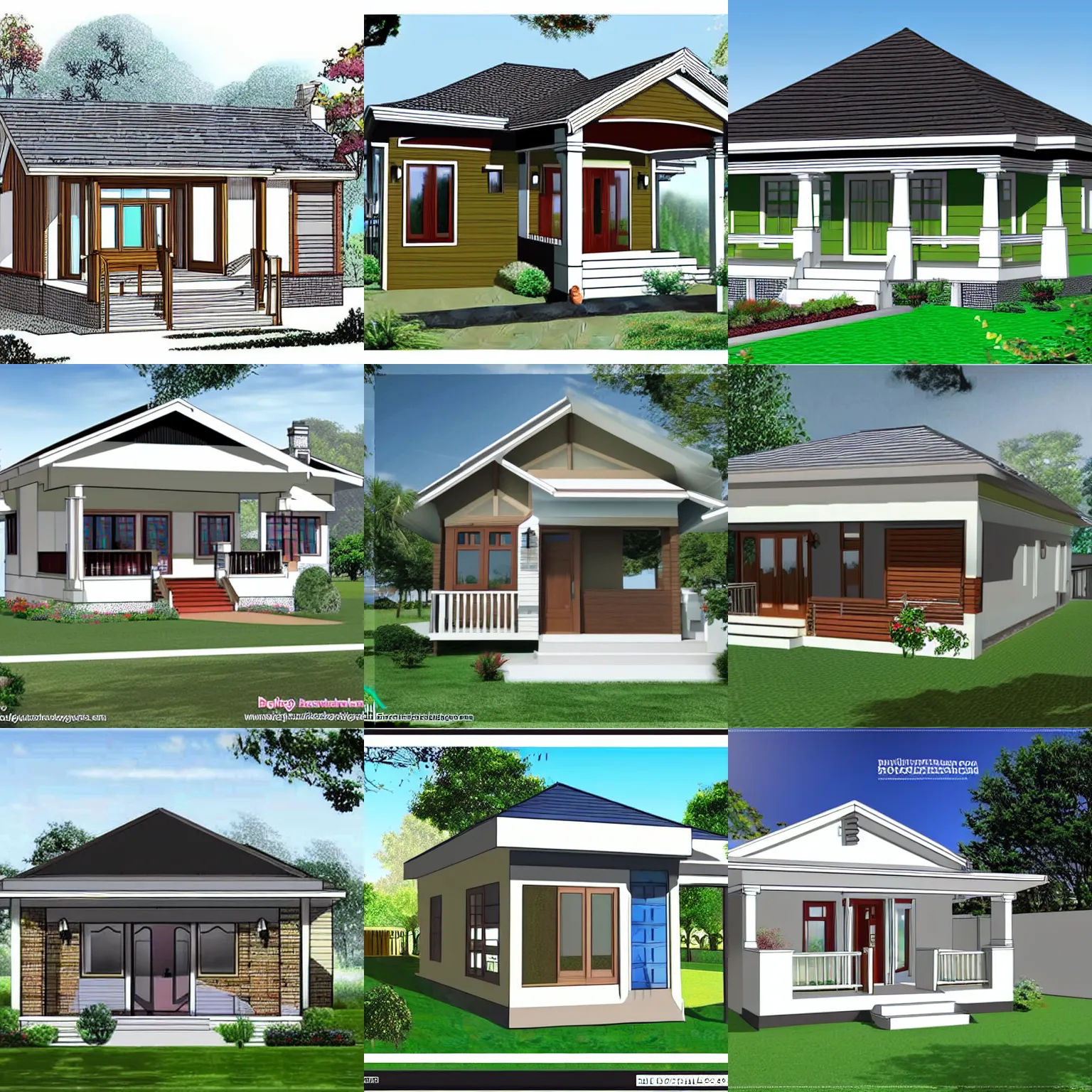Prompt: Blueprint of a small bungalow with a full floor plan and elevations