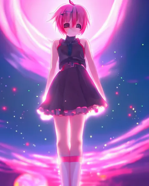 Prompt: anime style, vivid, expressive, full body, 4 k, painting, a cute magical girl with short pink hair, stunning, realistic light and shadow effects, centered, simple background, studio ghibly makoto shinkai yuji yamaguchi