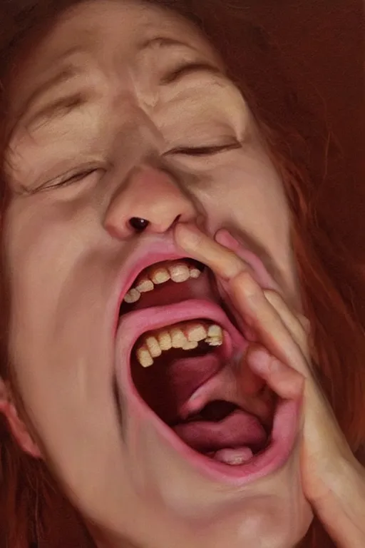 Prompt: beautiful oil painting portrait of screaming woman face by otomo katsuhiro, rembrandt, complex, stunning, realistic skin color, 4 k, high res, awardwinning, masterpiece, realistic lighting