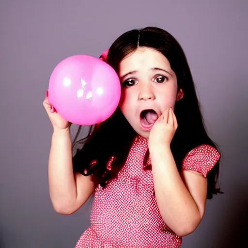 Prompt: wide shot, dark haired 10 year old girl in a pink dress looking at the camera with one hand over her mouth, surprised expression, 1990s bedroom