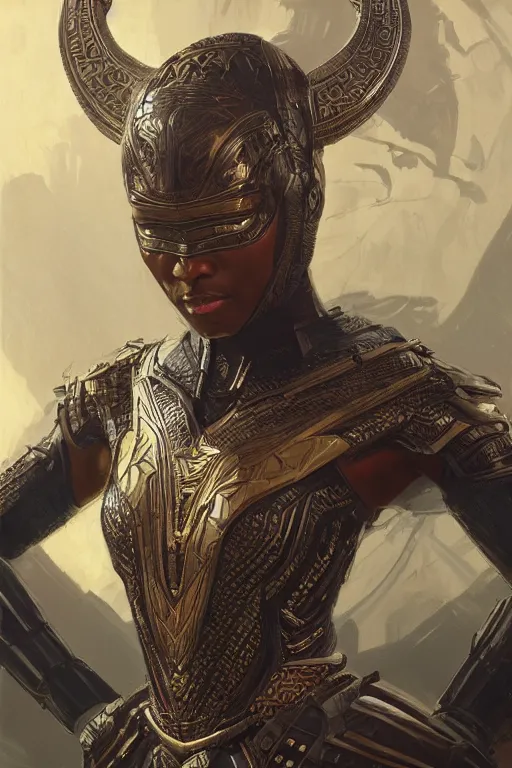 Image similar to ultra realistic illustration, wakandan warrior wearing victorian era armor, sci - fi, fantasy, intricate, elegant, highly detailed, digital painting, artstation, concept art, smooth, sharp focus, illustration, art by artgerm and greg rutkowski and alphonse mucha