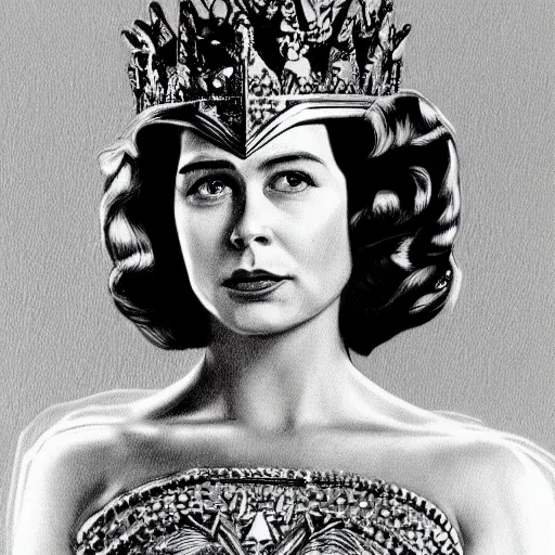 Prompt: The Queen Elizabeth II as wonder woman, portrait, photorealism, detailed, square