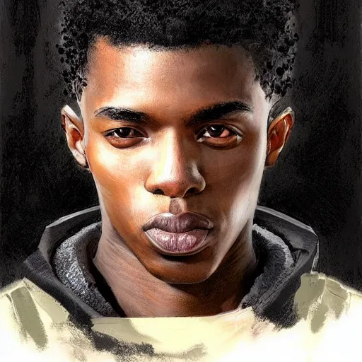 Prompt: Portrait of a man by Greg Rutkowski, he is about 20 years old, black, attractive, military composure, short black curly hair, american, trustworthy look, he is wearing futuristic military fatigues, highly detailed portrait, digital painting, artstation, concept art, smooth, sharp foccus ilustration, Artstation HQ.