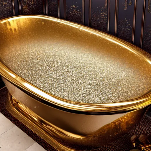 Prompt: Bathtub full of gold, 4K photograph, high detail
