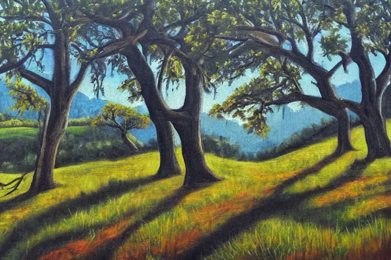 Prompt: masterpiece painting of oak trees on a hillside overlooking a creek, dramatic lighting, by alayna danner