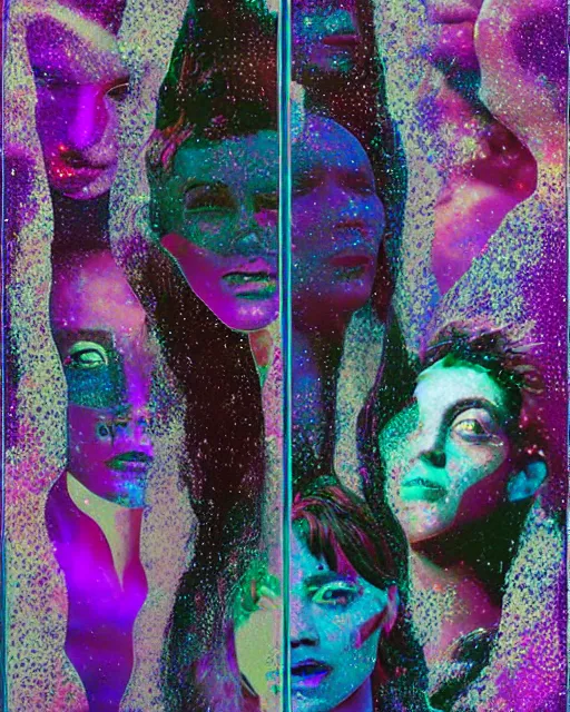 Image similar to singularity, different women's faces, cut and paste collage, liquid metal, frozen, clean glow, hypnotized, cold texture, utopian, low colors, glitched patterns, serene emotions