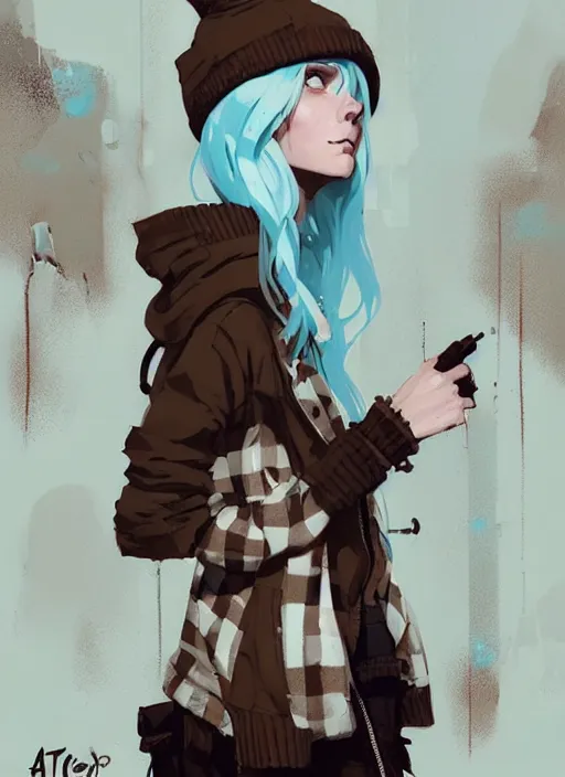 Image similar to highly detailed portrait of a sewer punk swedish lady, tartan hoody, white hair by atey ghailan, by greg rutkowski, by greg tocchini, by james gilleard, by joe fenton, by kaethe butcher, gradient light blue, brown, blonde cream and white color scheme, grunge aesthetic!!! ( ( graffiti tag wall background ) )