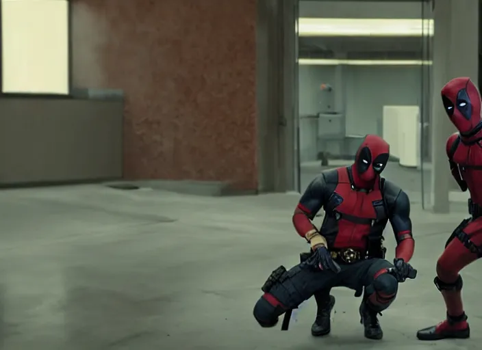 Prompt: film still of Deadpool works as a janitor in the new Deadpool movie, 4k