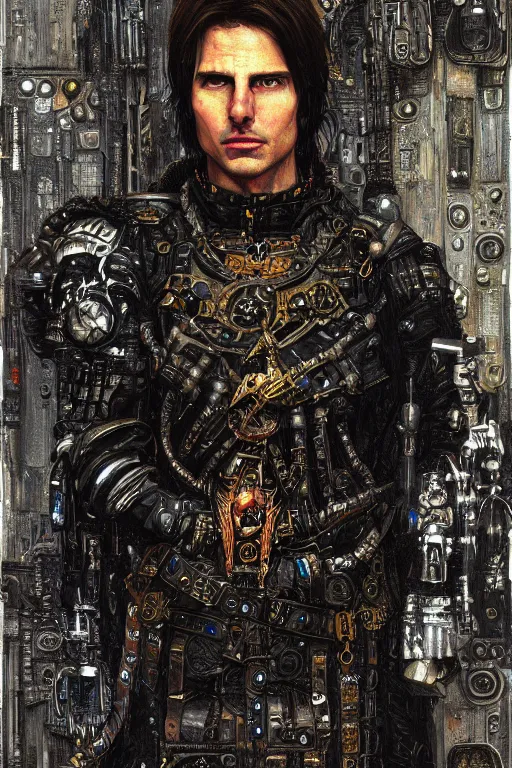 Prompt: portrait of gothic Tom Cruise holy priest, cyberpunk, Warhammer, highly detailed, artstation, illustration, art by Gustav Klimt
