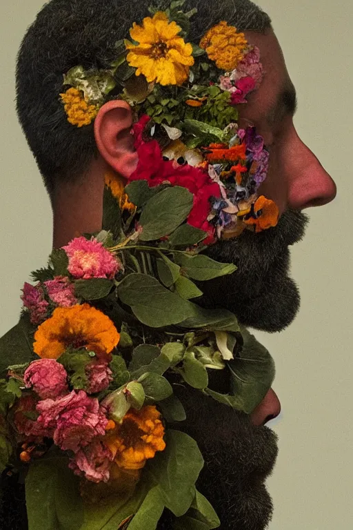 Image similar to a man's face in profile, clean shaven, made of flowers and fruit, in the style of the Dutch masters and Gregory crewdson, dark and moody