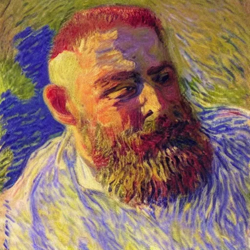 Prompt: monet painting of a bearded man with shaved head, he is vomiting on a soccer ball, highly detailed, realistic,