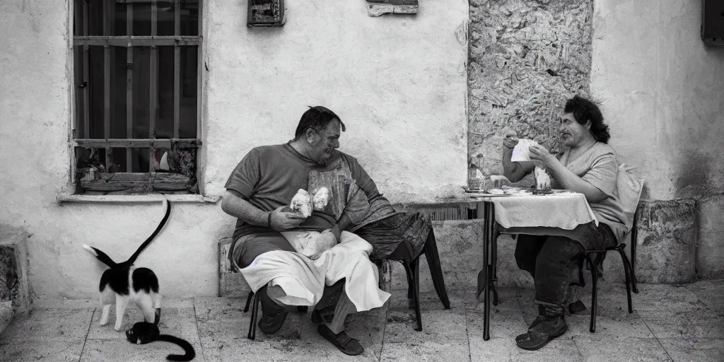 Image similar to photography of a cat eating mortadella with his loved owner at a trullo house, photoreal, 3 5 mm, award winning photography