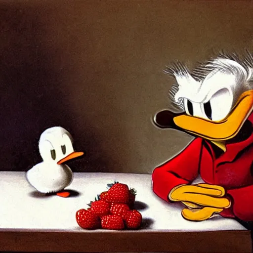 Prompt: donald trump and donald duck are sitting in front of a bowl of stawberries, drawing by rembrandt