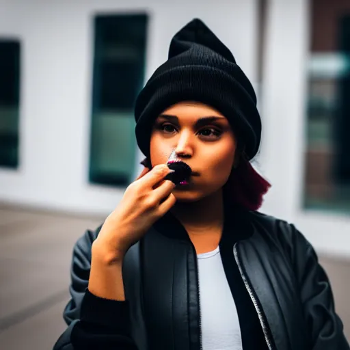 Image similar to Photograph of a mixed woman smoking, wearing a black beanie and black bomber jacket, urban environment, depth of field, 4k, 8k, hd, sigma 85mm f/1.4