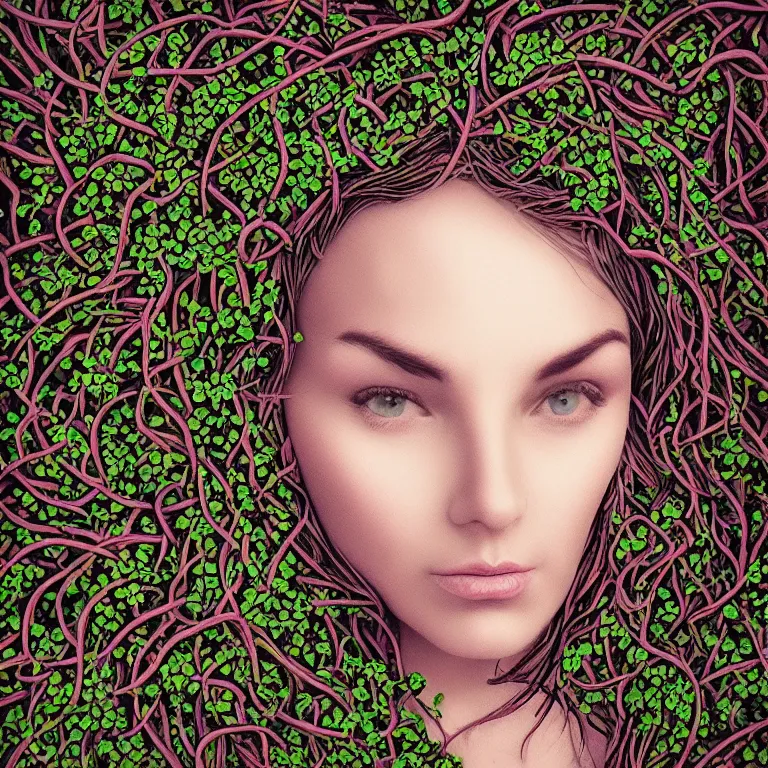 Image similar to “portrait of a beautiful woman made out of vines, digital art, 4k”