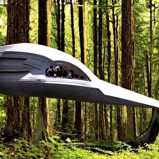 Image similar to hyper realistic spaceship in the woods, as filmed by jean - luc godard. symmetry. accurate anatomy.