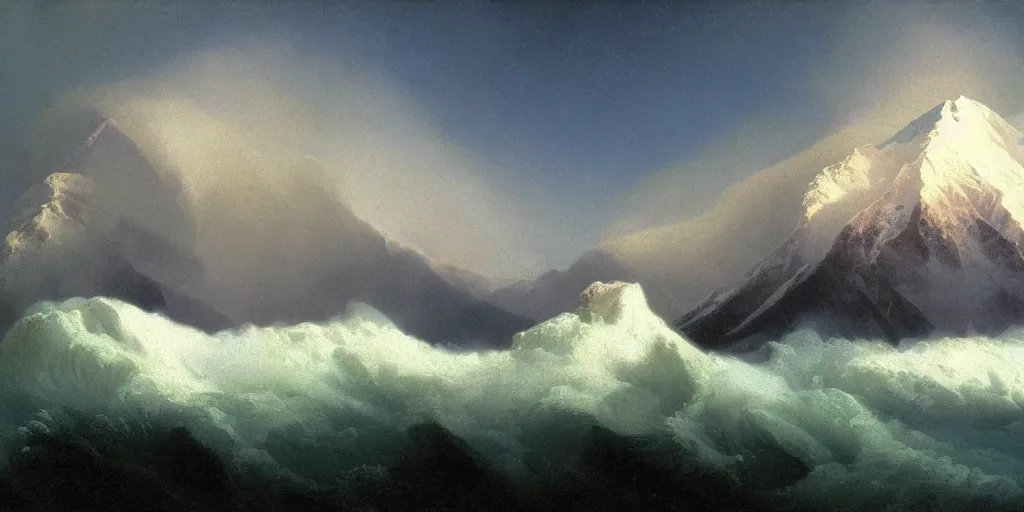 Prompt: A tsunami crashes over Mount Everest in the style of Ivan Aivazovsky