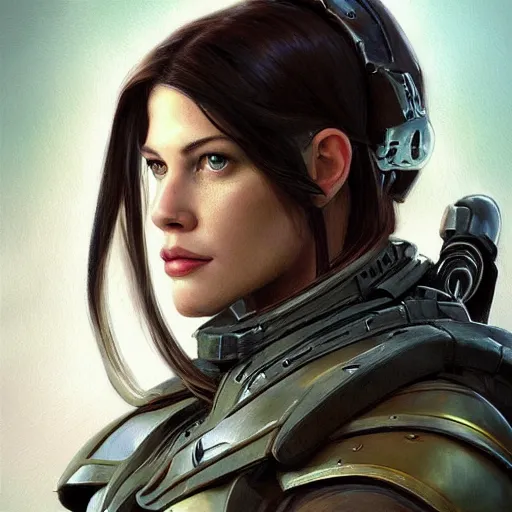 Prompt: a professional painting of a young Liv Tyler, clothes in military armor, olive skin, long dark hair, beautiful bone structure, symmetrical facial features, intricate, elegant, digital painting, concept art, smooth, sharp focus, illustration, from StarCraft by Ruan Jia and Mandy Jurgens and Artgerm and William-Adolphe Bouguerea”