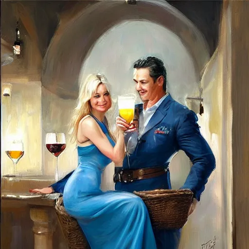 Image similar to blonde woman and Jango Fett drinking beer in a wine cellar, atmospheric, aphrodisiac, romantic, cozy, inviting, love, painting by Vladimir Volegov