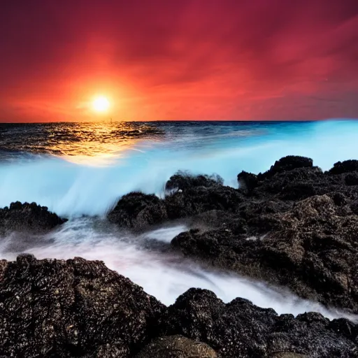 Image similar to waves crashing on a beach at night, moon, lava rock, small house