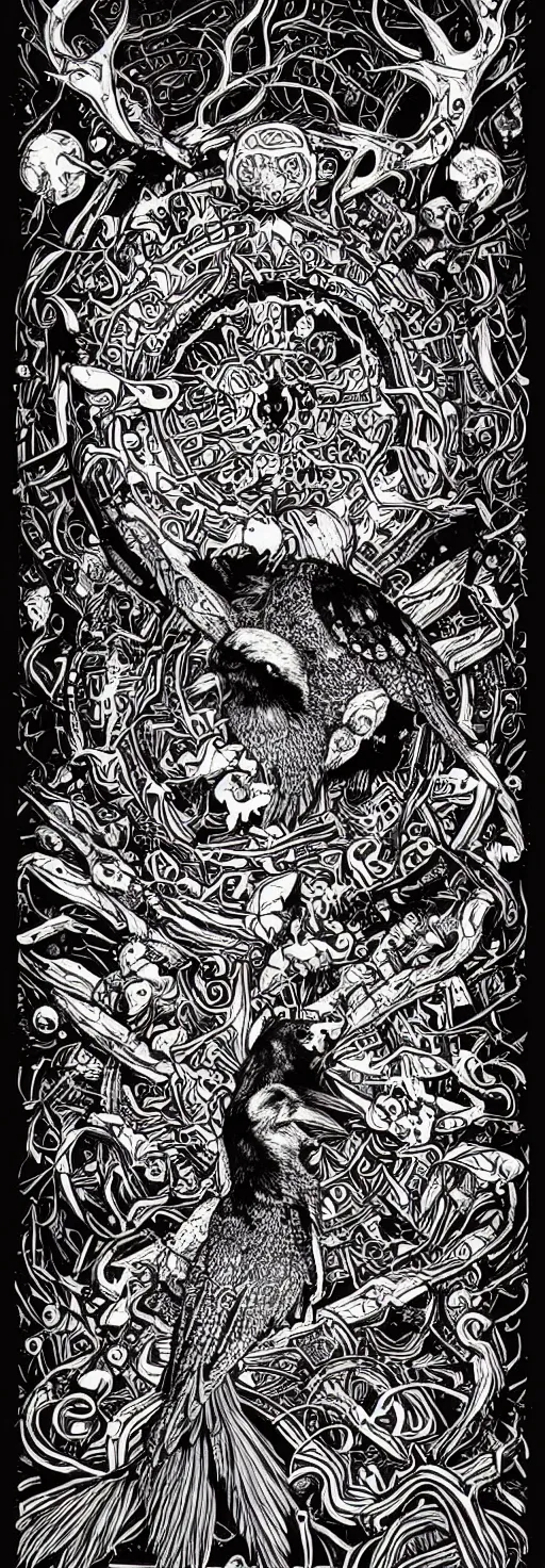 Image similar to psychedelic, monochrome artwork!!, raven, deer, owl, window to the ocean, typography, hr giger, didier comes, james jean, andreas rocha,